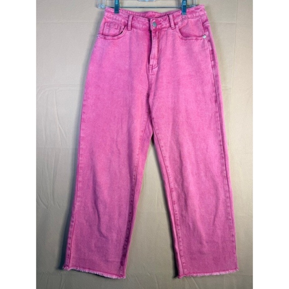 Cider Pink Acid Wash High Rise Wide Leg Cropped Jeans Raw Hem Size M